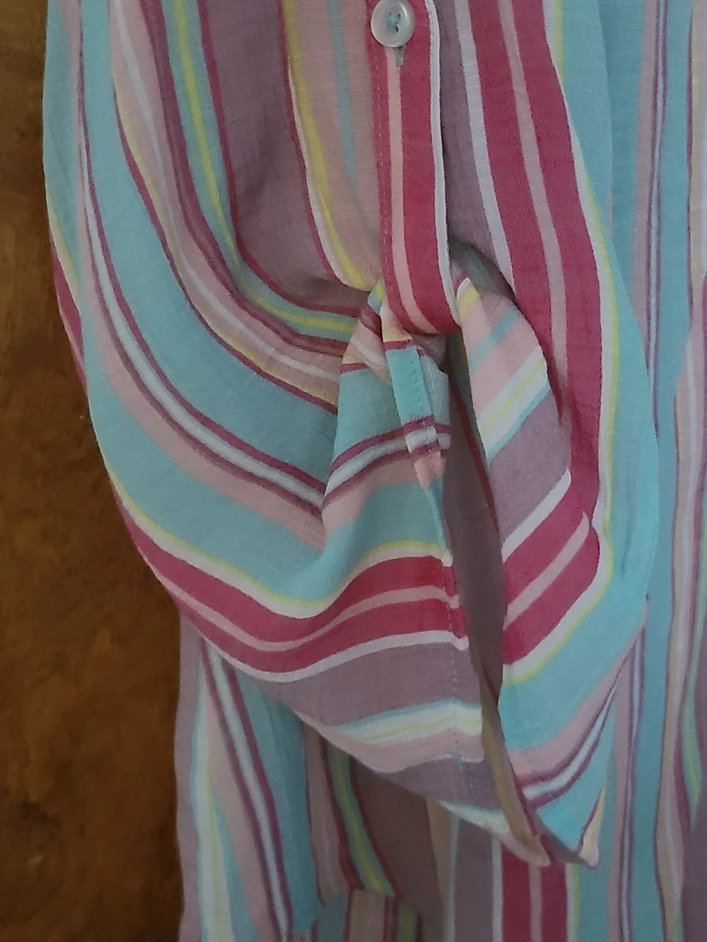 Lee Striped V-Neck Blouse in Pink, Teal & Cream